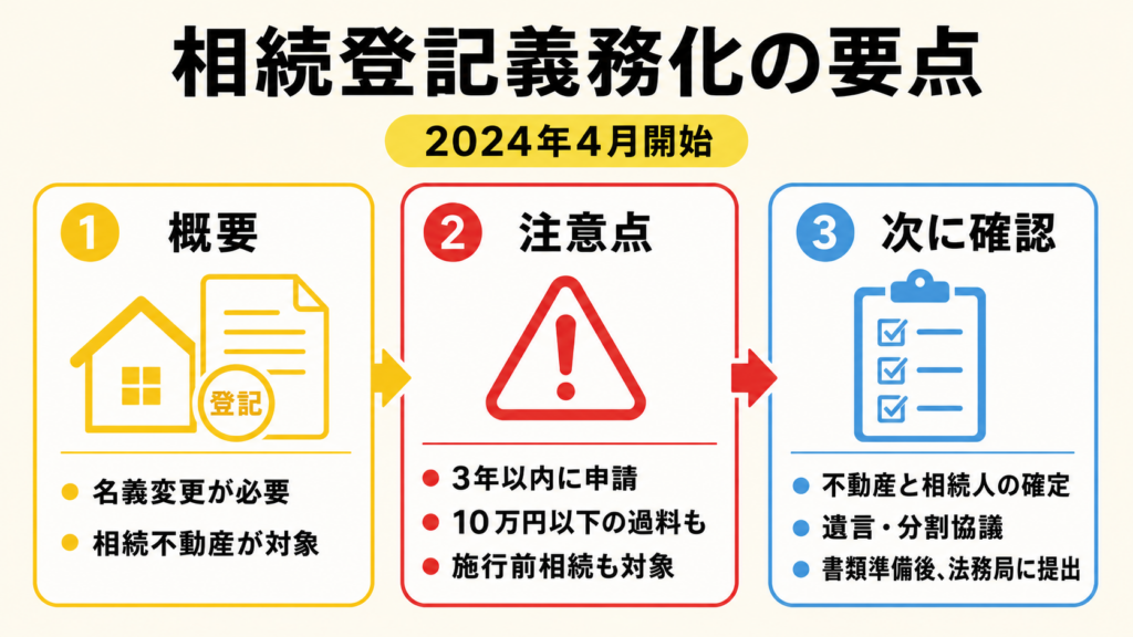 相続登記義務化の期限・対象・罰則をまとめた図