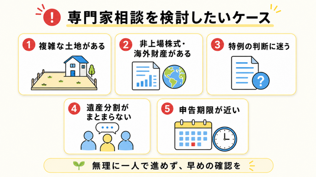 相続税申告で税理士に相談した方がよいケースを整理した図