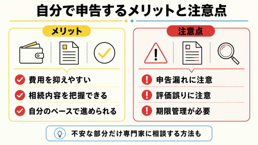 相続税申告を自分で行うメリットと注意点を比較した図