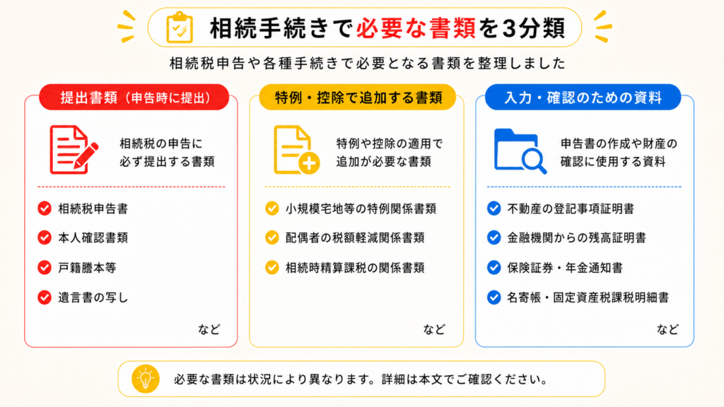 相続税申告の必要書類を3分類で整理した図
