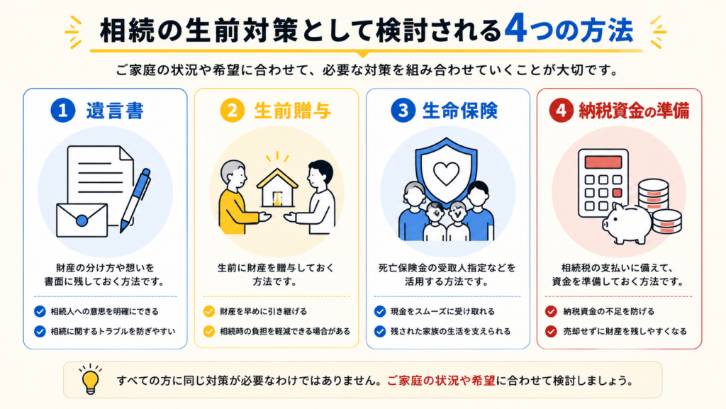 相続の生前対策として検討される遺言書・生前贈与・生命保険・納税資金準備の4つの方法を示した図