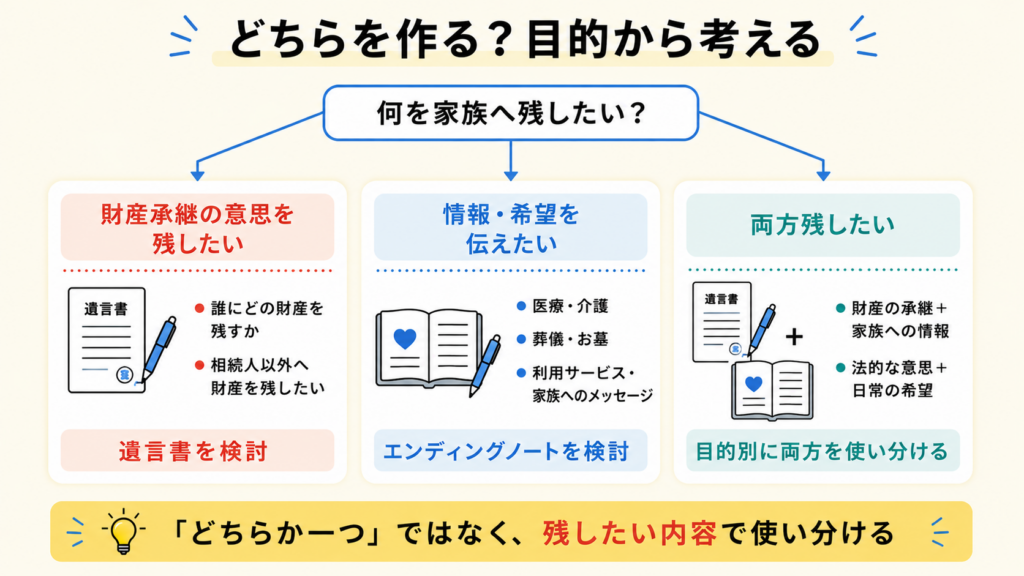 残したい内容に応じて遺言書・エンディングノート・両方を使い分ける考え方を示した図