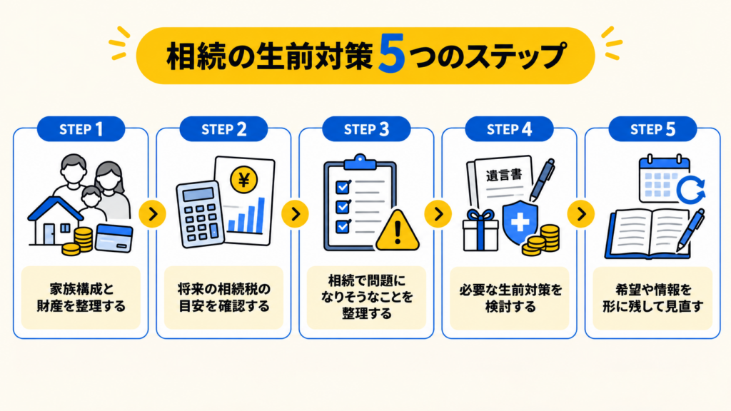相続の生前対策を始めるための5つのステップを示した図