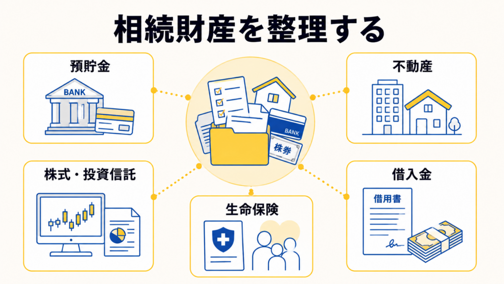 相続財産として預貯金、不動産、株式・投資信託、生命保険、借入金を整理するイメージ